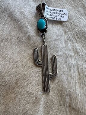 Annie Spencer Navajo Handmade Sterling Cactus Pendant with Kingman Turquoise